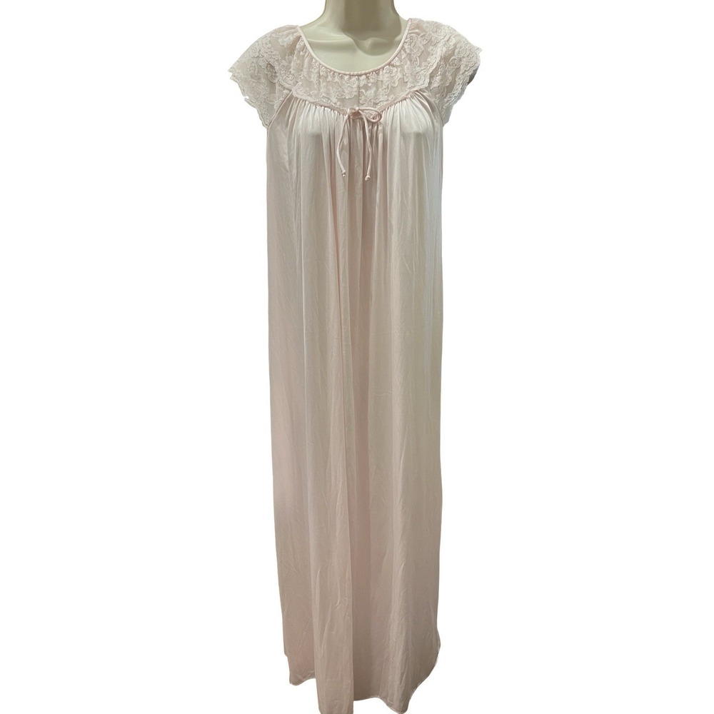 Vtg Gilead Pink Nylon Maxi Nightgown Lace Trim Hollywood Glamour Romantic S